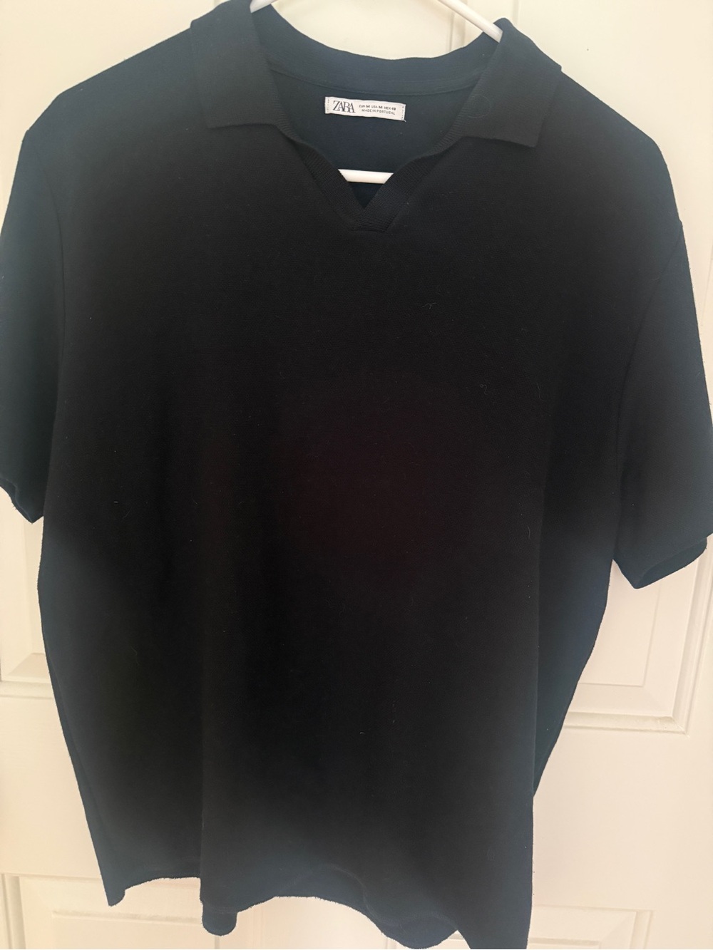 Zara Men's Open Collar Fine Knit Sweater Short Sleeve Polo Black Medium retro